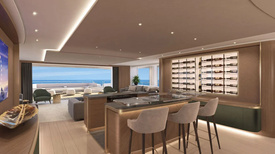 Bar and a custom wine fridge in the main saloon