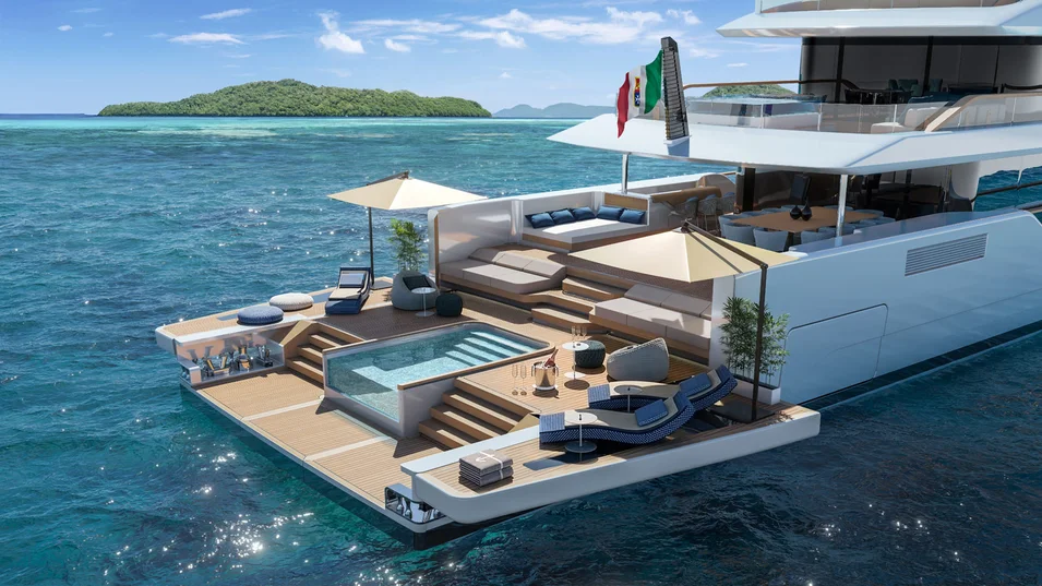 Multilevel beach club with a pool on board the ISA Timeless 52