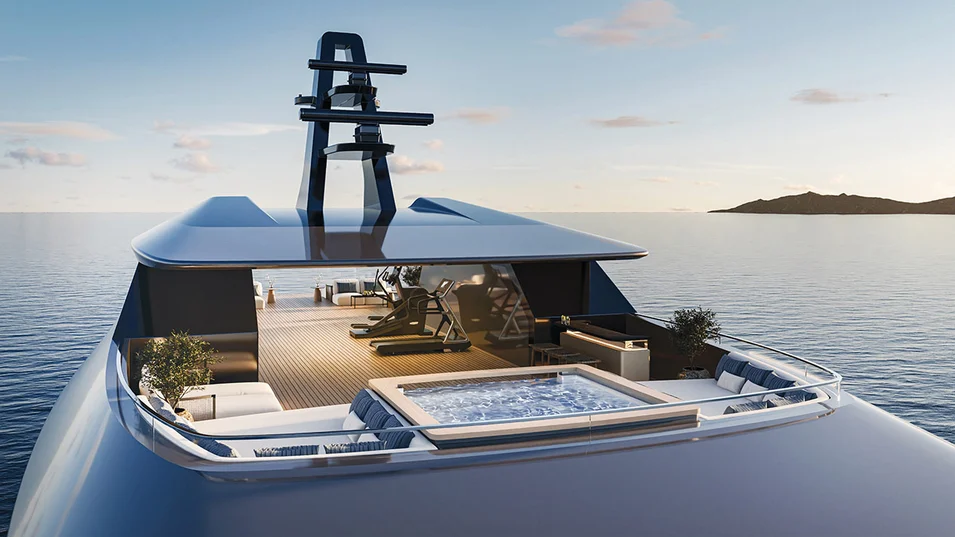 На сандеке Heesen Project Ananda предусмотрены джакузи, бар, место для занятий спортом и лаунджи
