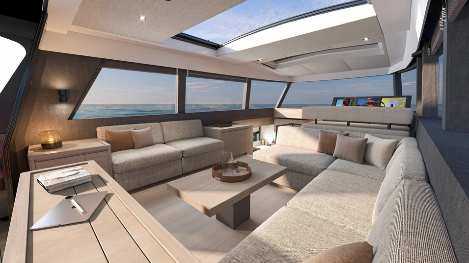 Panoramic lounge area in the saloon on the GT65's main deck
