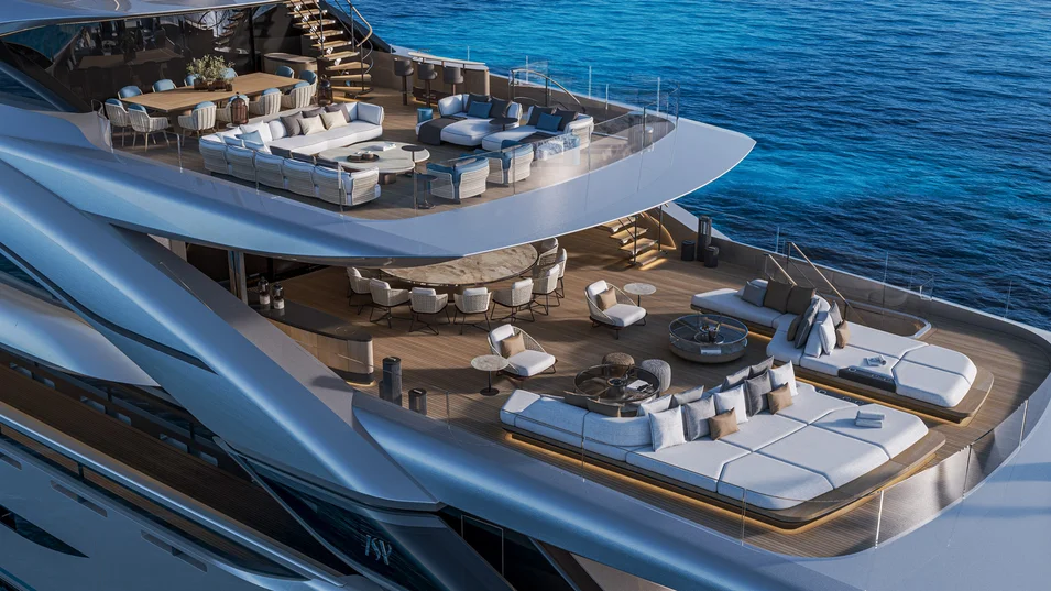 ISA Poseidon 86's aft lounges on the bridge deck and upper deck