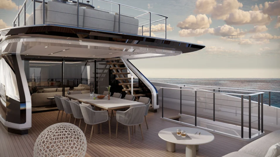 В кокпите главной палубы Custom Line Saetta 128 оборудовано место для приемов пищи на свежем воздухе