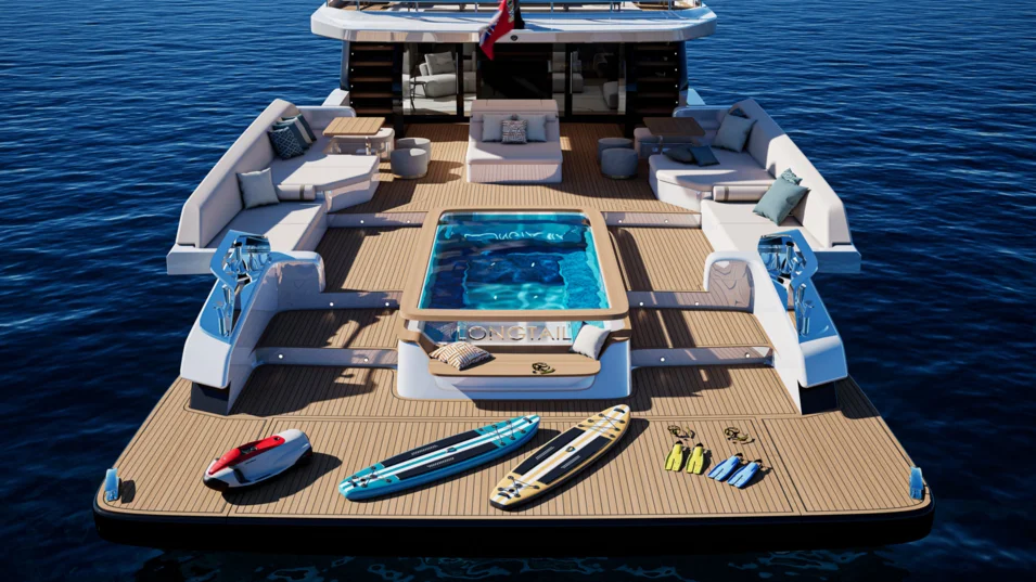 The Longtail's huge stern section features a pool and fold-down terraces