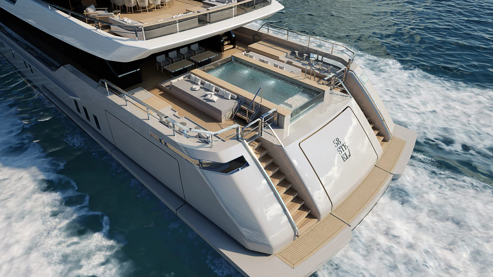 The 58Steel's aft section with a lounging area around the pool