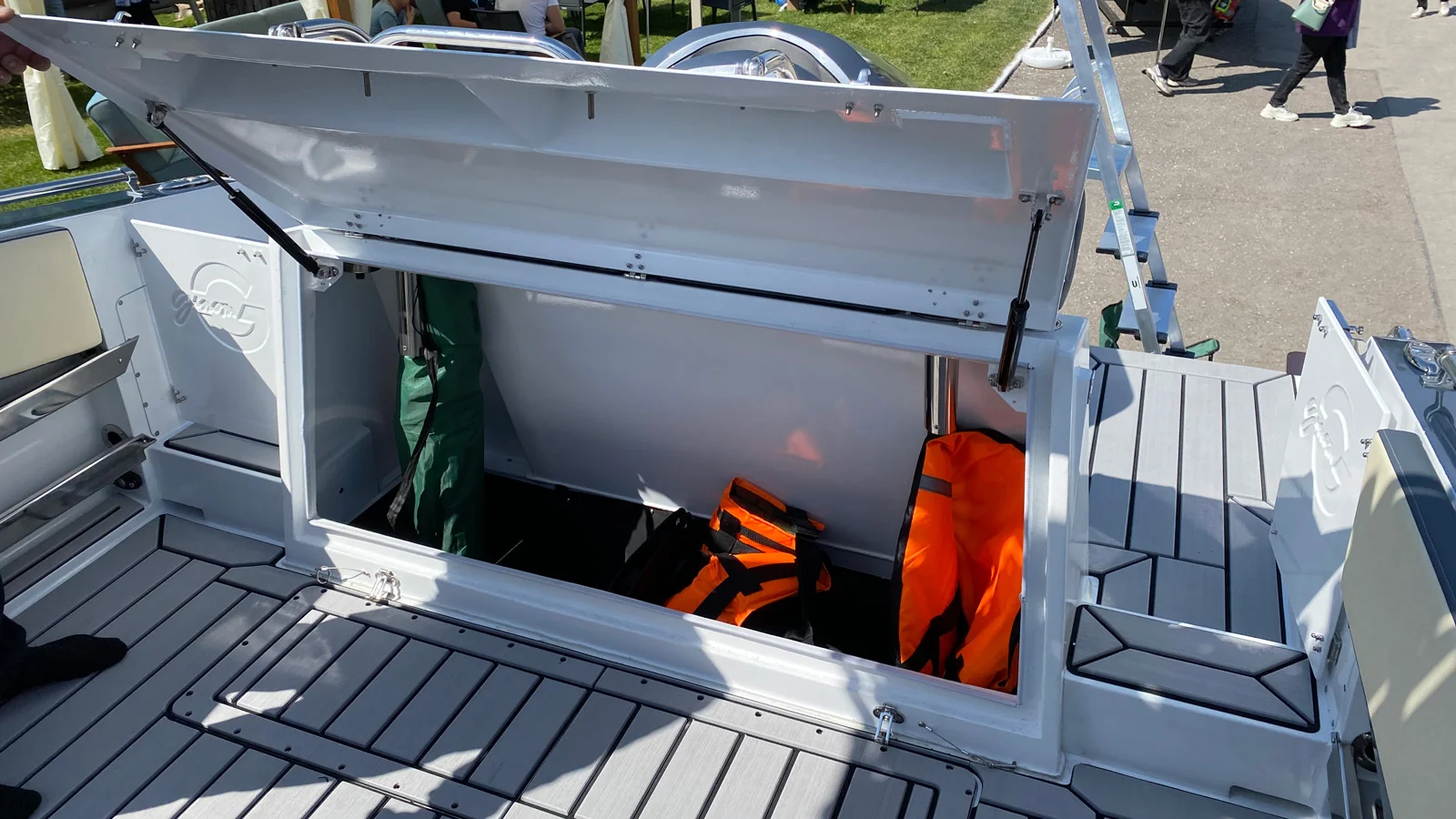 Locker under the sofa in the cockpit