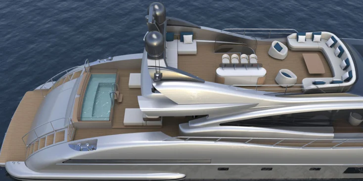 The first Mangusta 132E hull will feature a flybridge with a helm station, not a sundeck