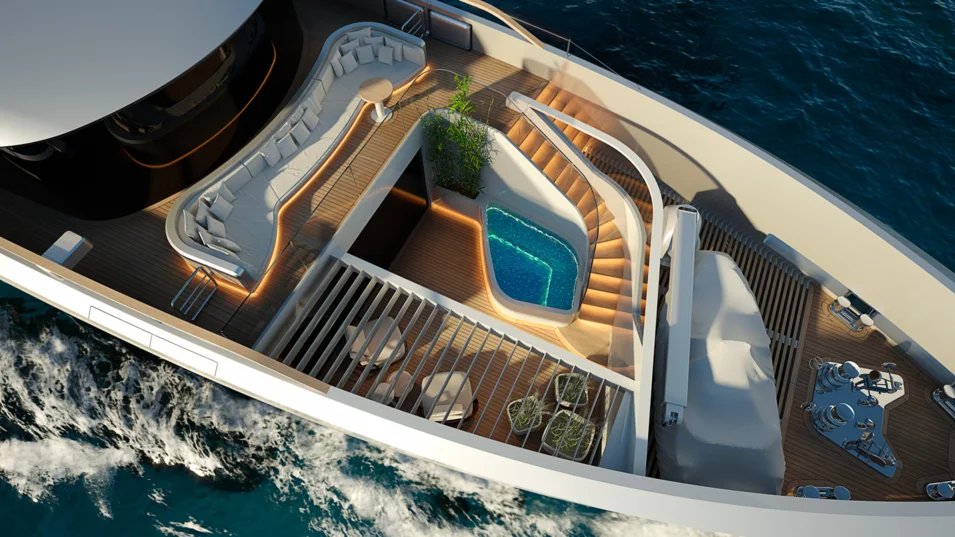 Patio terrace on Sirena 42M's foredeck