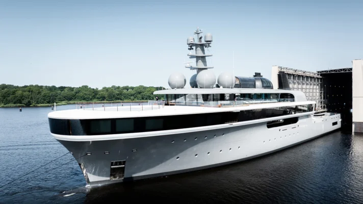 Launch of 114.2-metre Project Cosmos at Lürssen facility in Rendsburg