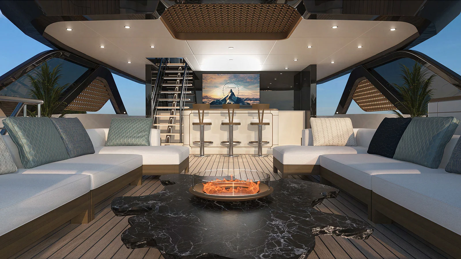 The lounge on the B165 superyacht bridge deck