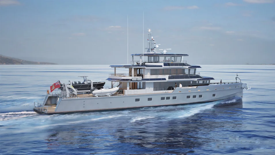 The superyacht stands out for large expanses of glazing and an open aft section for carrying tenders and numerous water toys
