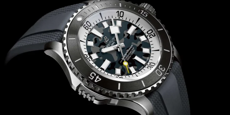 Breitling Superocean Automatic 46 Super Diver with a black camouflage dial pattern on a rubber strap