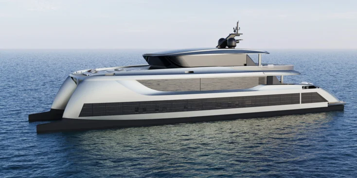 The bow section of the 40M Explorer Eco catamaran's hulls is quite unusual