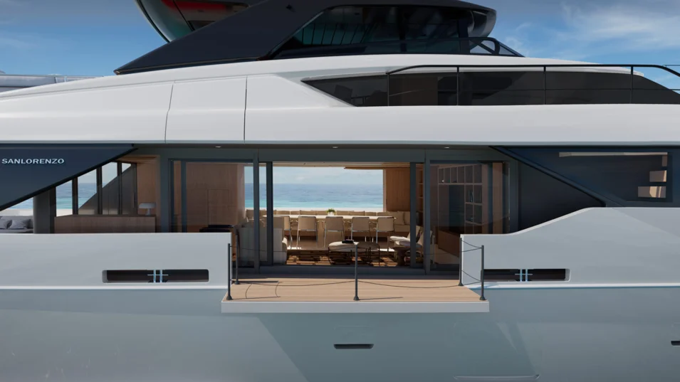 Sanlorenzo SL110A's sliding glass door and fold-down balcony
