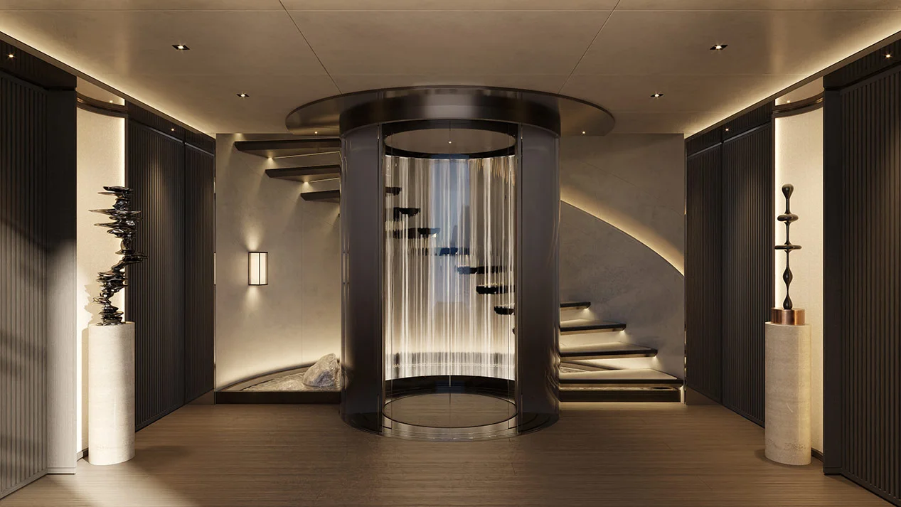 Центральный холл со стеклянным лифтом на Heesen Project Ananda