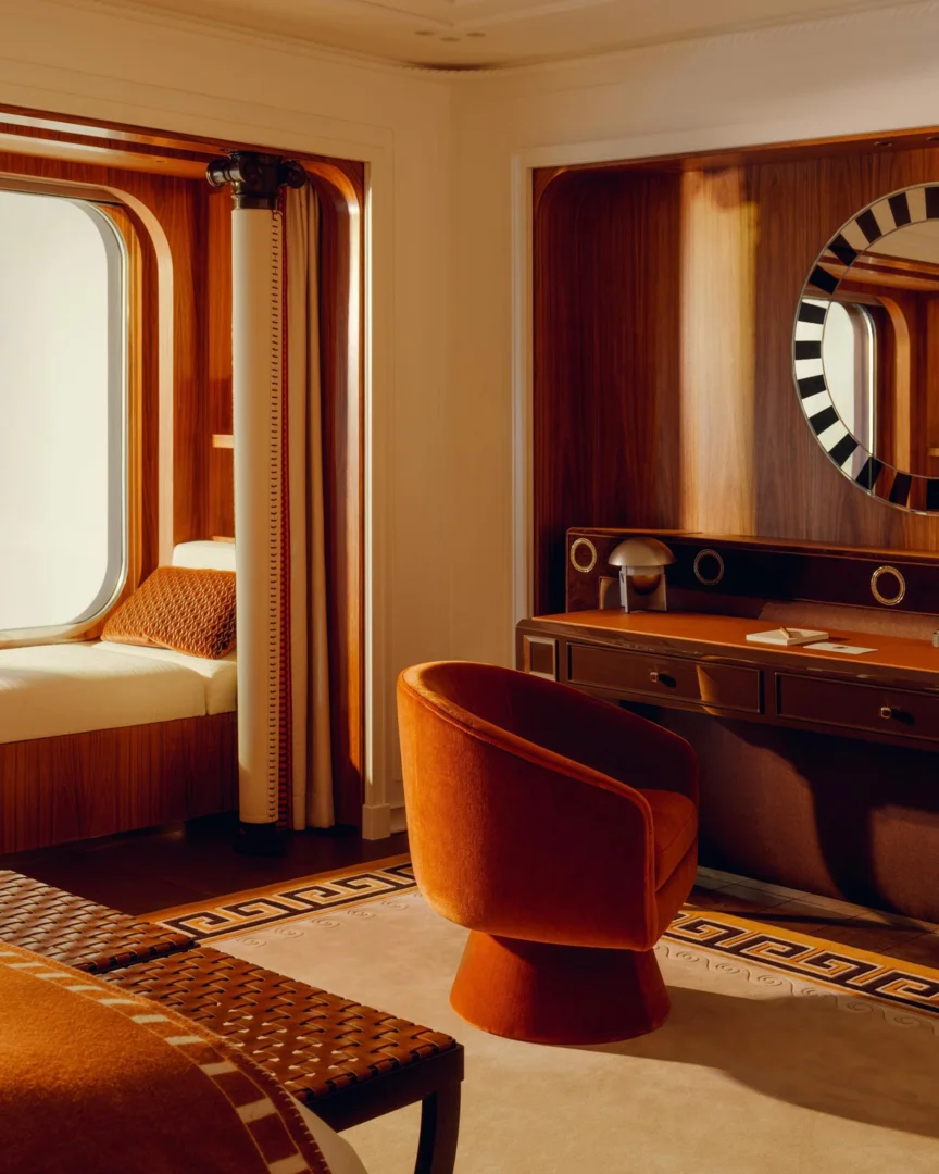 Office / lounge area design in one of the suites on board the Orient Express Corinthian