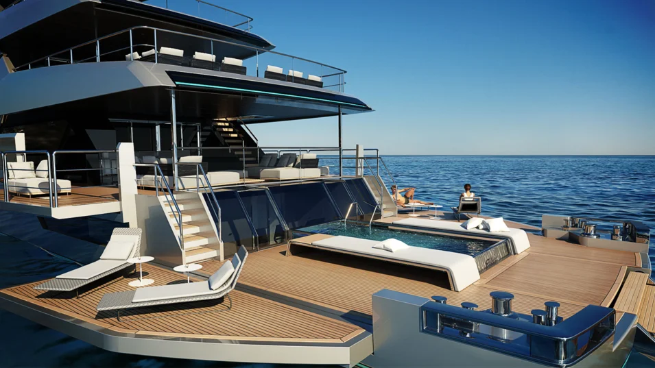The Riva 54 Metri offers a spacious lounge area with a pool aft, which can be extended with the help of fold-down bulwarks