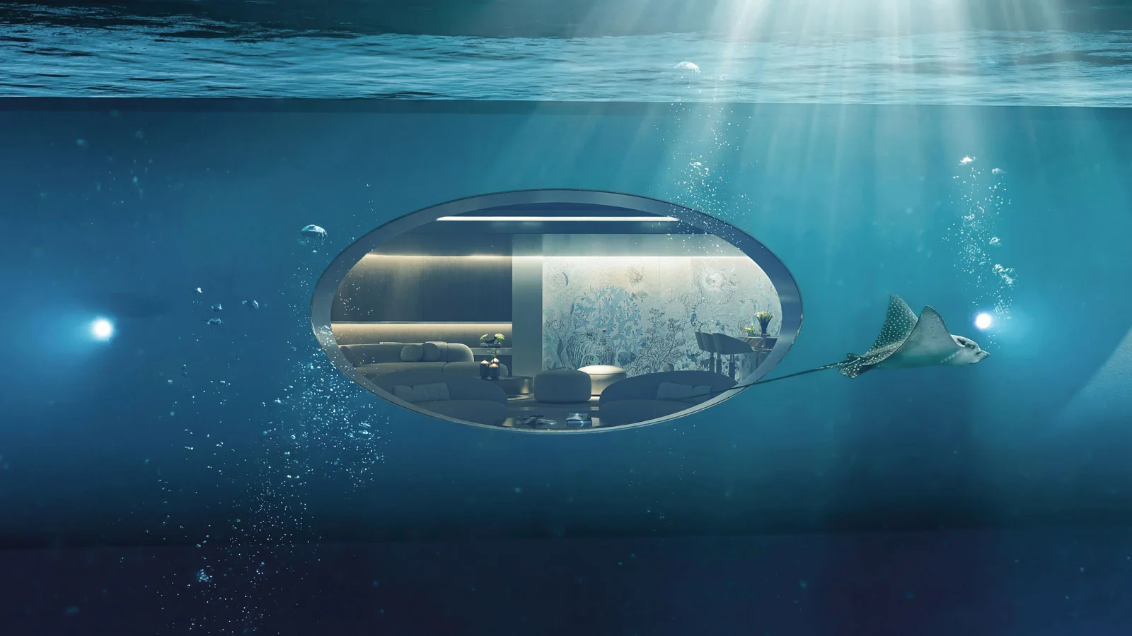 Underwater lounge on board the Feadship Hive