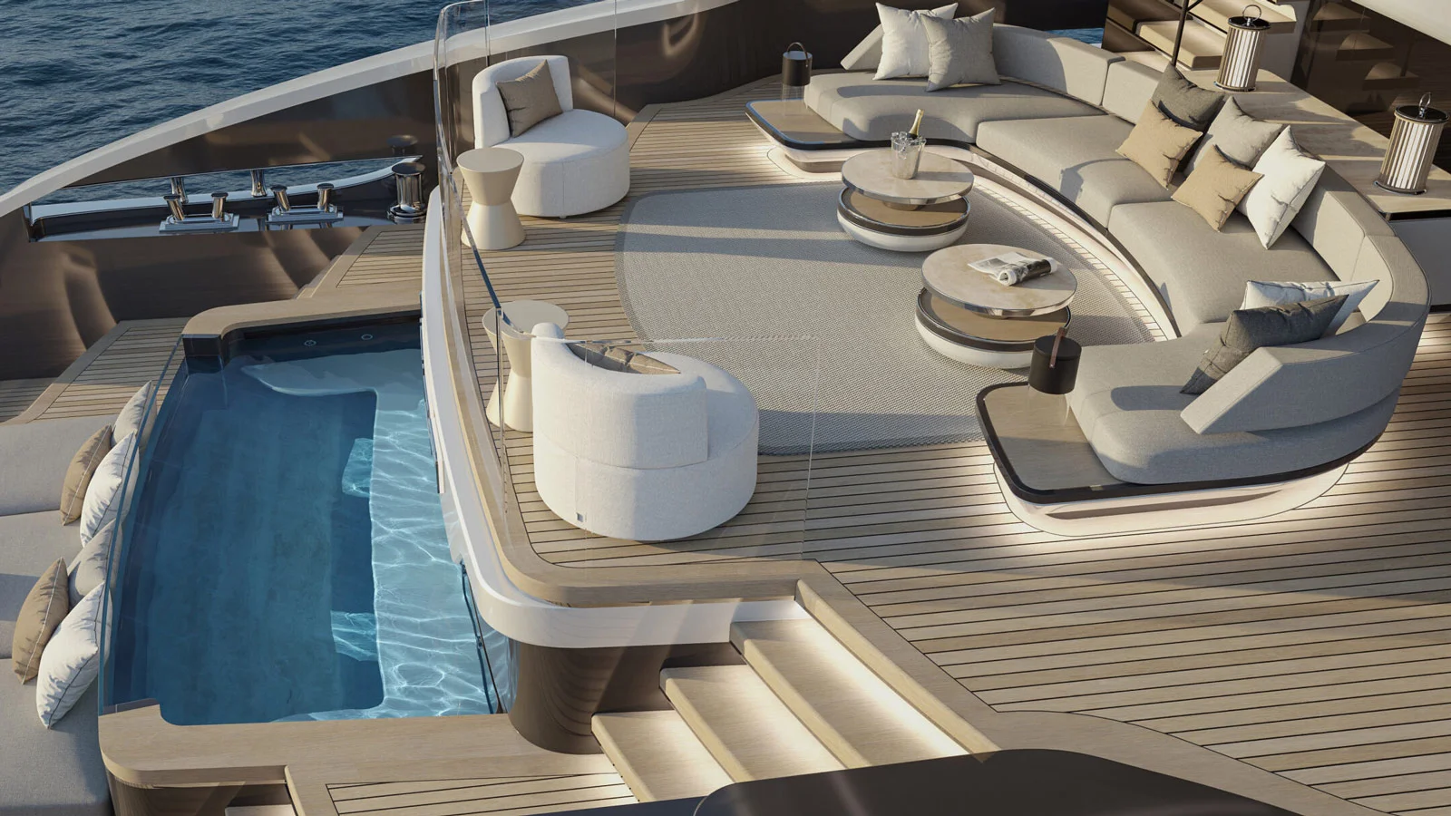 There is an original three-level space for relaxation by the water on the main deck aft