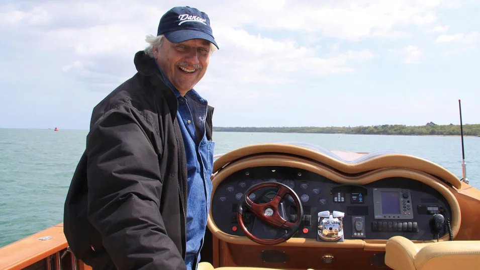 Tim Heywood on board the Vikal Tender he built for the Pelorus superyacht