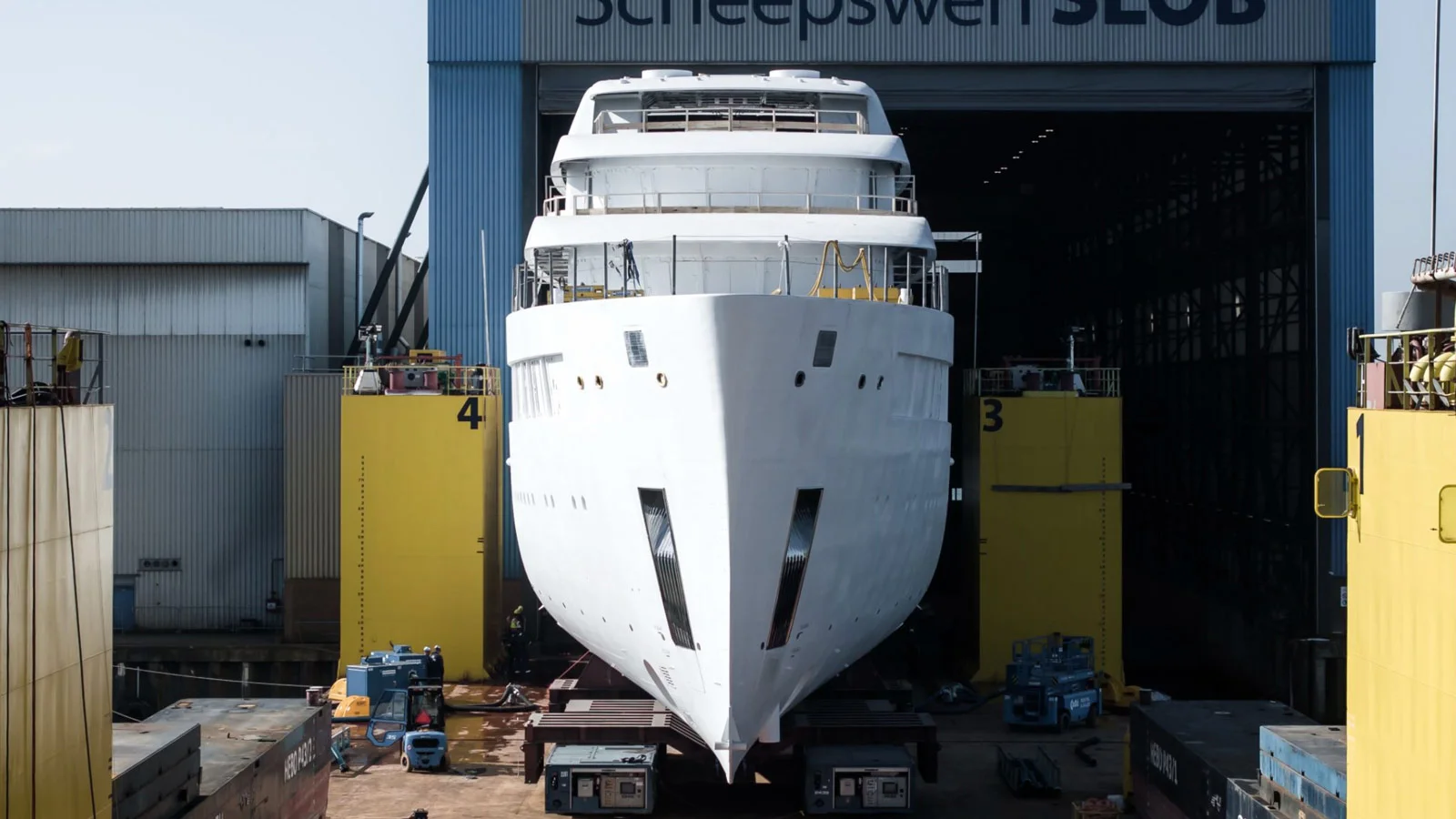 The 78-metre Feadship Project 716 leaving the shed