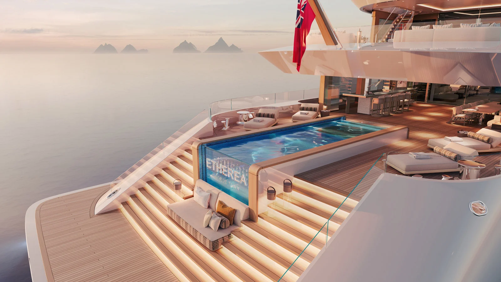 Etherea's aft section with a staircase and a pool