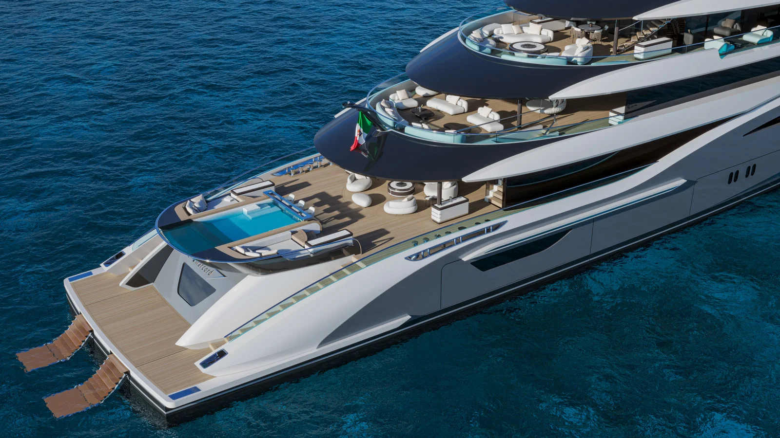 The Amarcord 86's aft section are dedicated to various lounging areas, while the main deck is home to a large pool