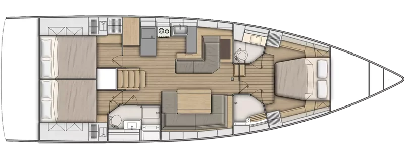 Lower deck: 3 cabins, 2 heads