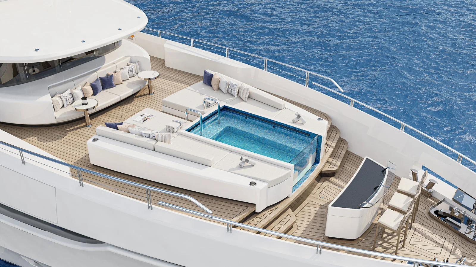 Pool with a lounge and a bar on the foredeck