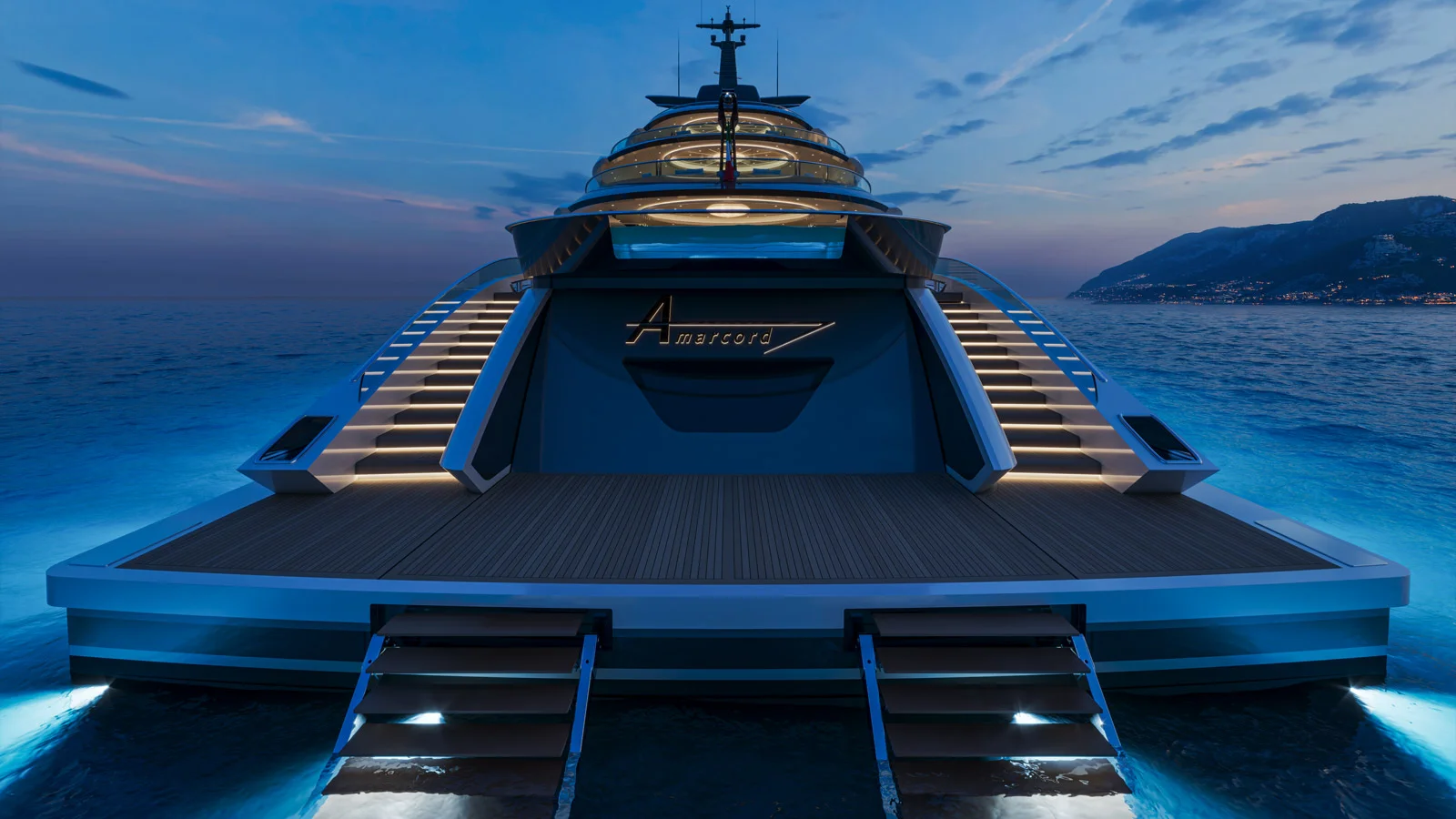 Grand side staircases lead from the Amarcord 86's main deck to the swim platform