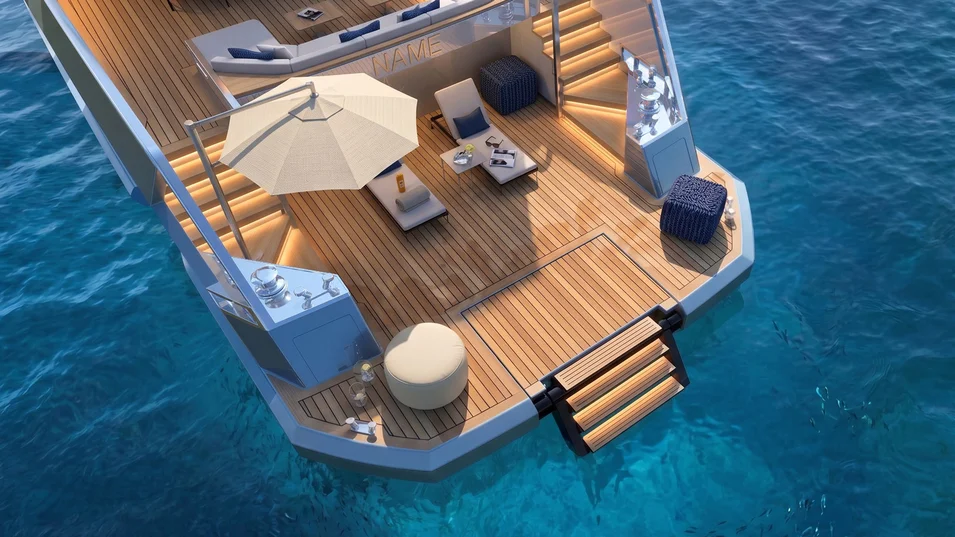 At anchor, the XPD95's aft section can be transforme into a beach area