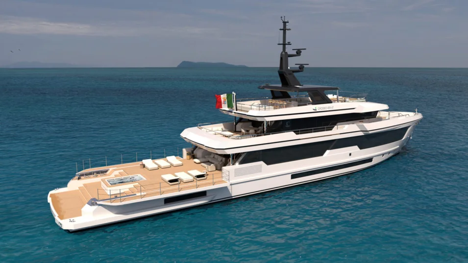 The exterior aft section on board the Columbus Crossover 47 is a luxurious lounge area by the water