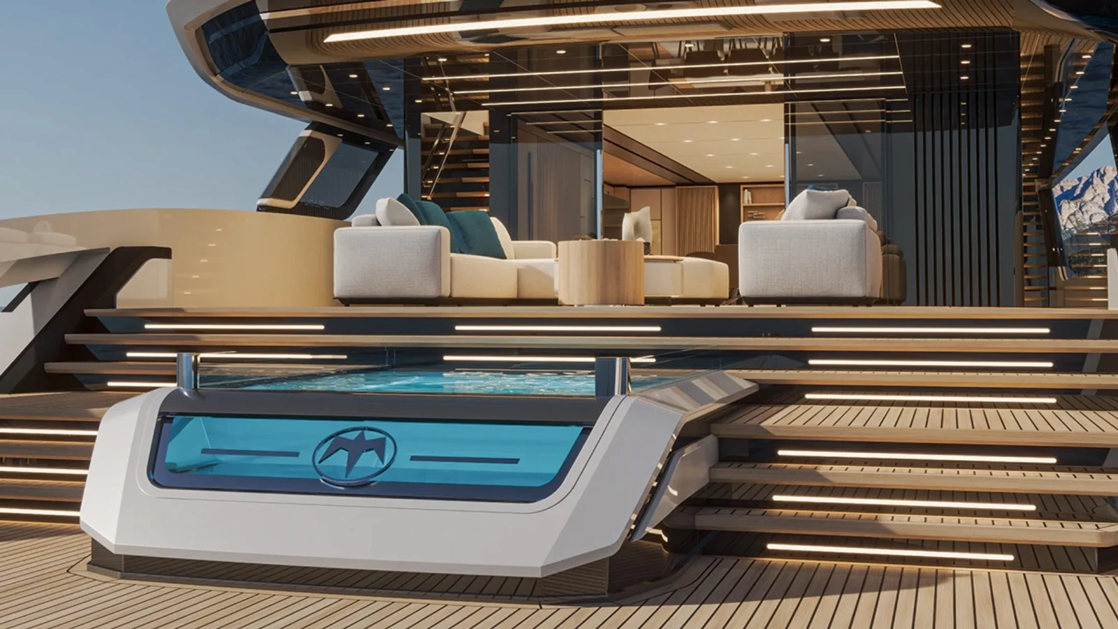 Split-level aft lounge with a pool on board the DOM155