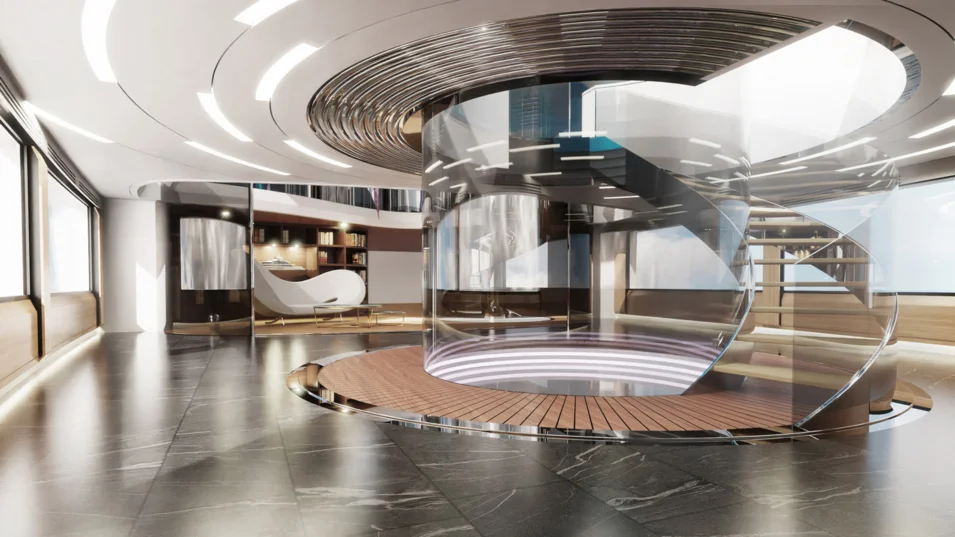 Central staircase on board the 70-metre concept by Cass Yacht Design