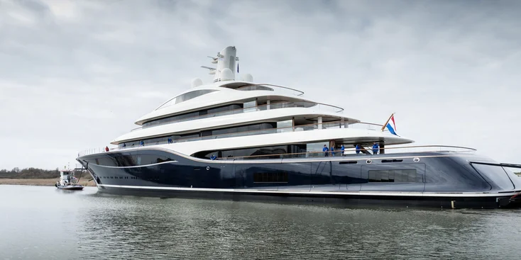 Feadship Destiny has a steel navy-blue hull and an aluminium superstructure