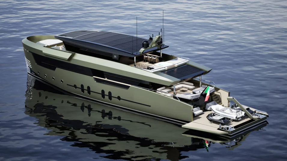 There is an integrated crane for launching and retrieving a tender aft