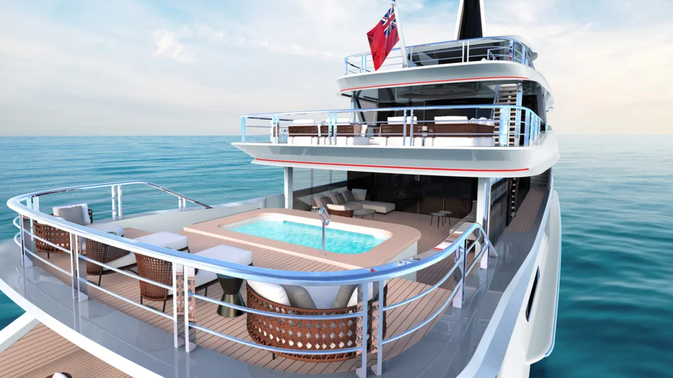 The Dynamiq GTT 170's beach club is split-level, with a pool and a lounge on the main deck
