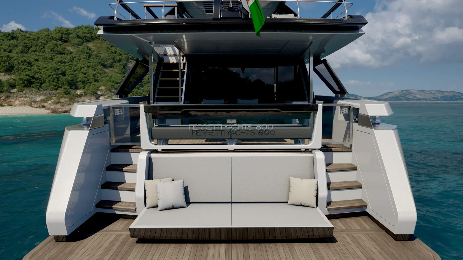 Ferretti Yachts 800's beach club with a fold-down sofa