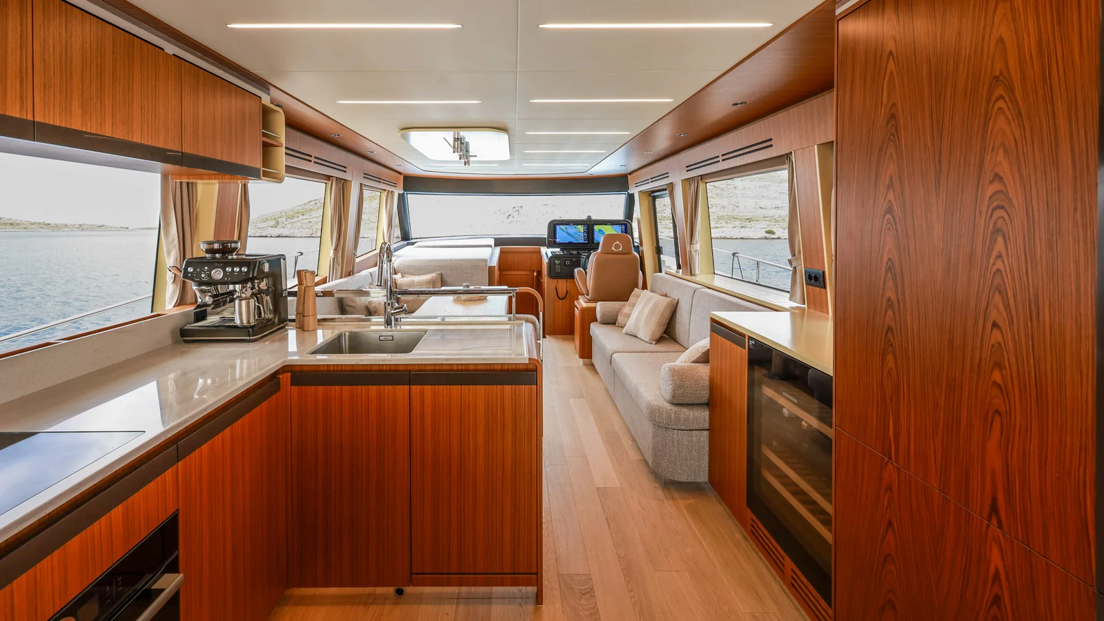 Greenline 58 Fly Hybrid's main saloon and galley