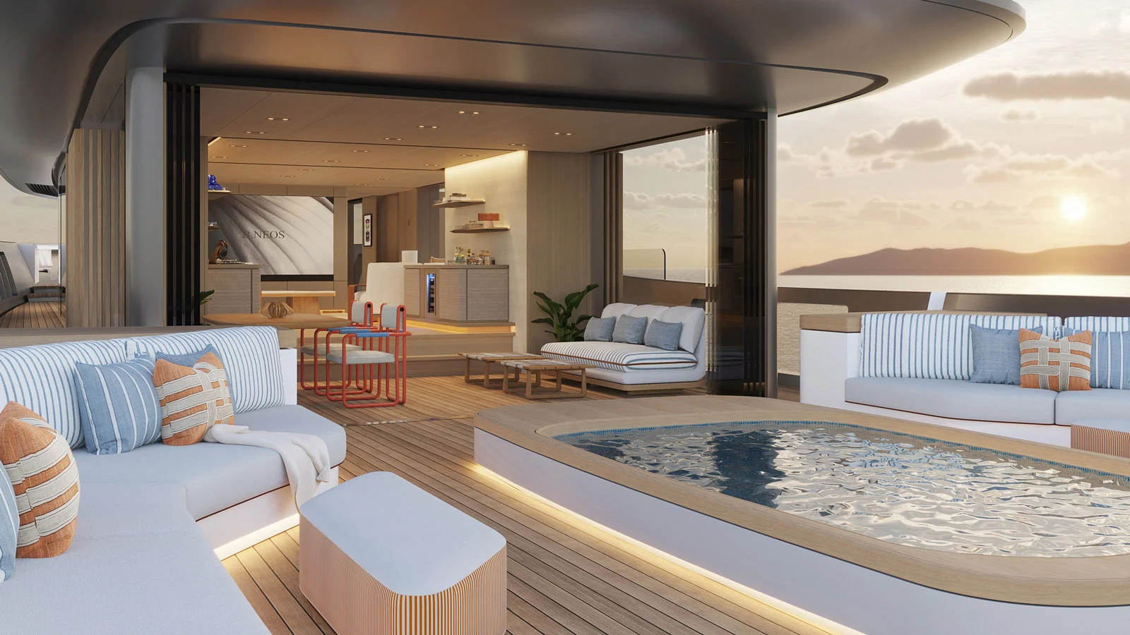 Зона отдыха в кормовой части Benetti B.Neos 40M может быть объединена с "Морским Атриумом"