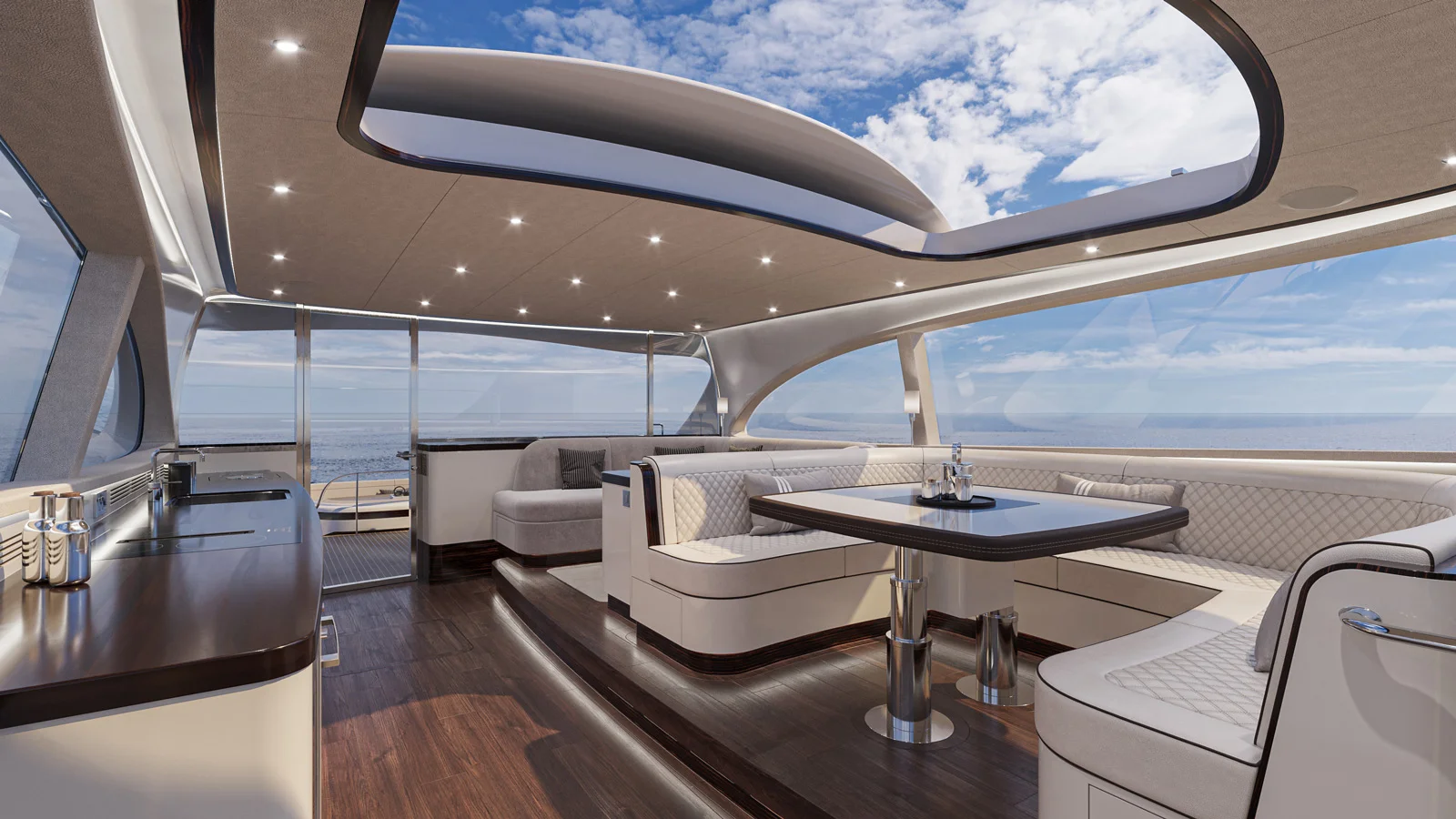 The stylish galley stretches almost all along the starboard side