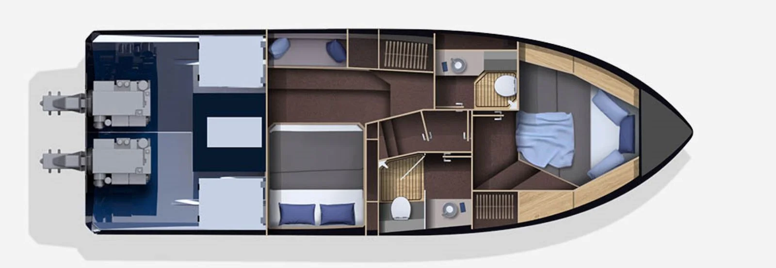 Lower deck: version with 2 cabins & 2 heads