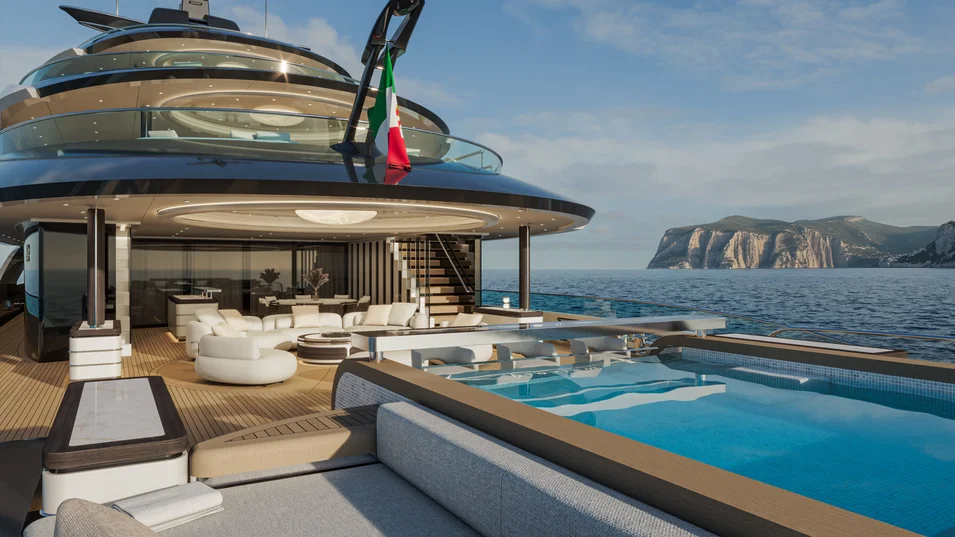 Lounge area around the pool on the Amarcord 86's main deck