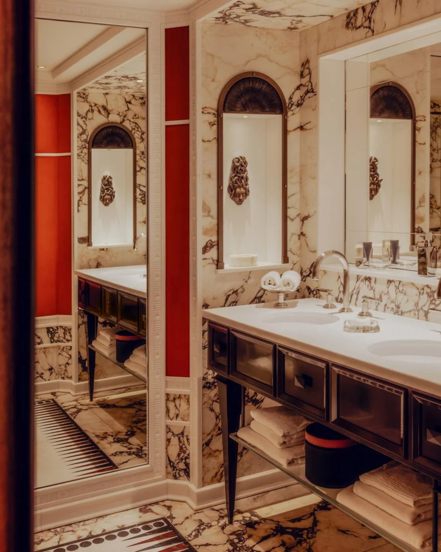 Bathroom design in one of the suites on board the Orient Express Corinthian