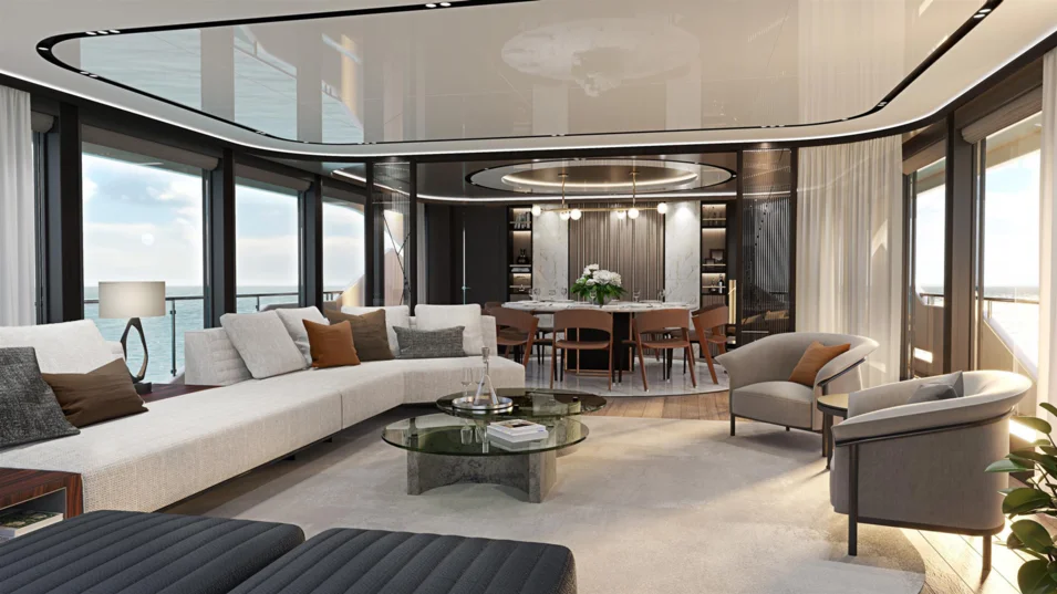 The lounge area of the Sunseeker 120 Yacht