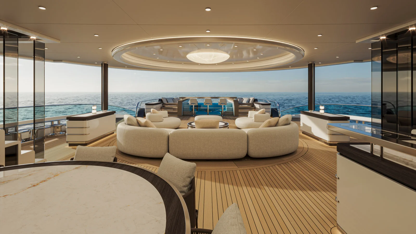 Lounge and dining area on the Amarcord 86's main deck aft